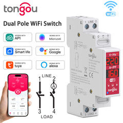 TOVMT 2P Tuya Wi-Fi Smart Switch L-N / L-L 16A 100-240V 18mm Tuya DIN Rail Module WiFi Relay Switch TONGOU